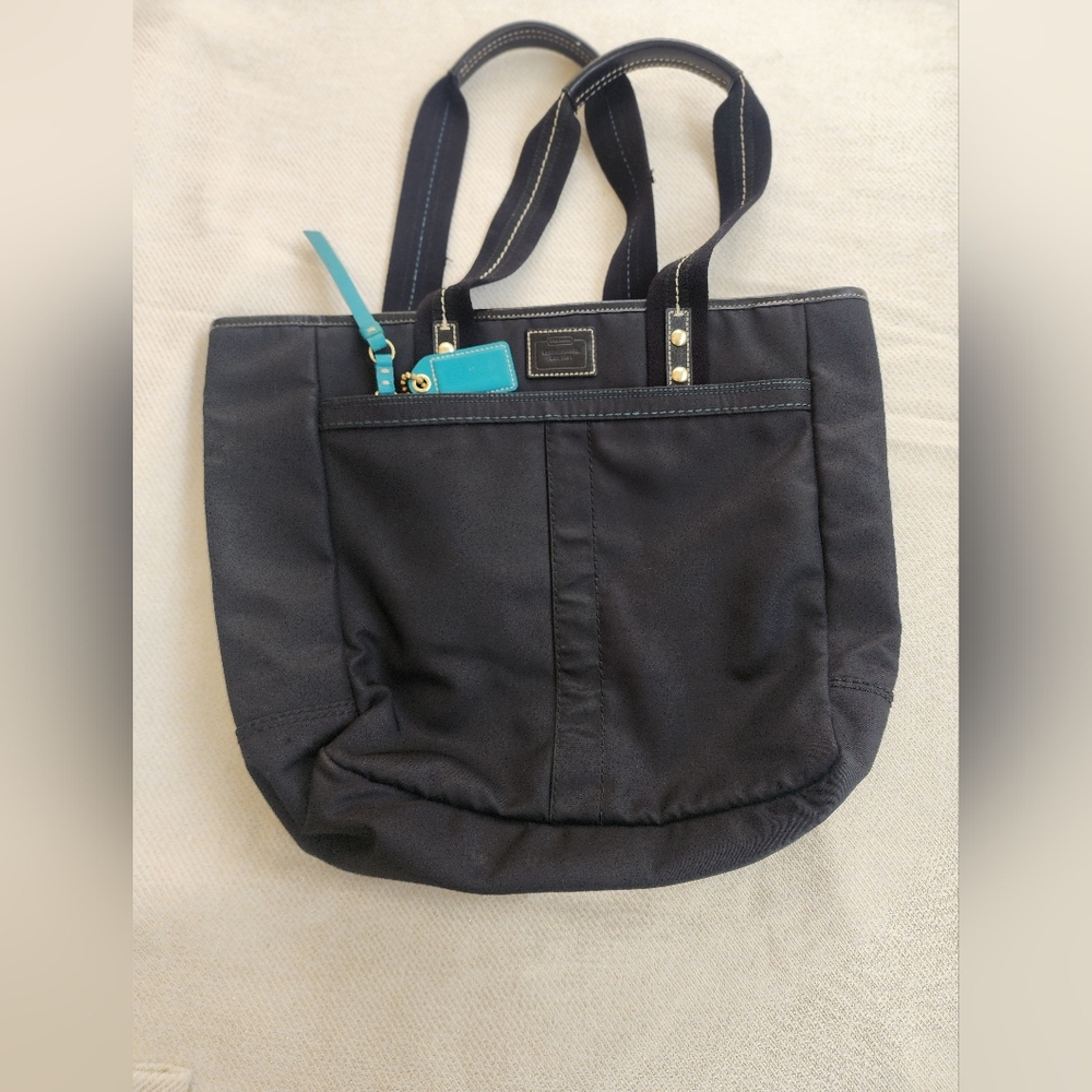 COACH Black Teal Nylon Hand Bag Purse Short Handle Zippered Bag EUC - Picture 4 of 9